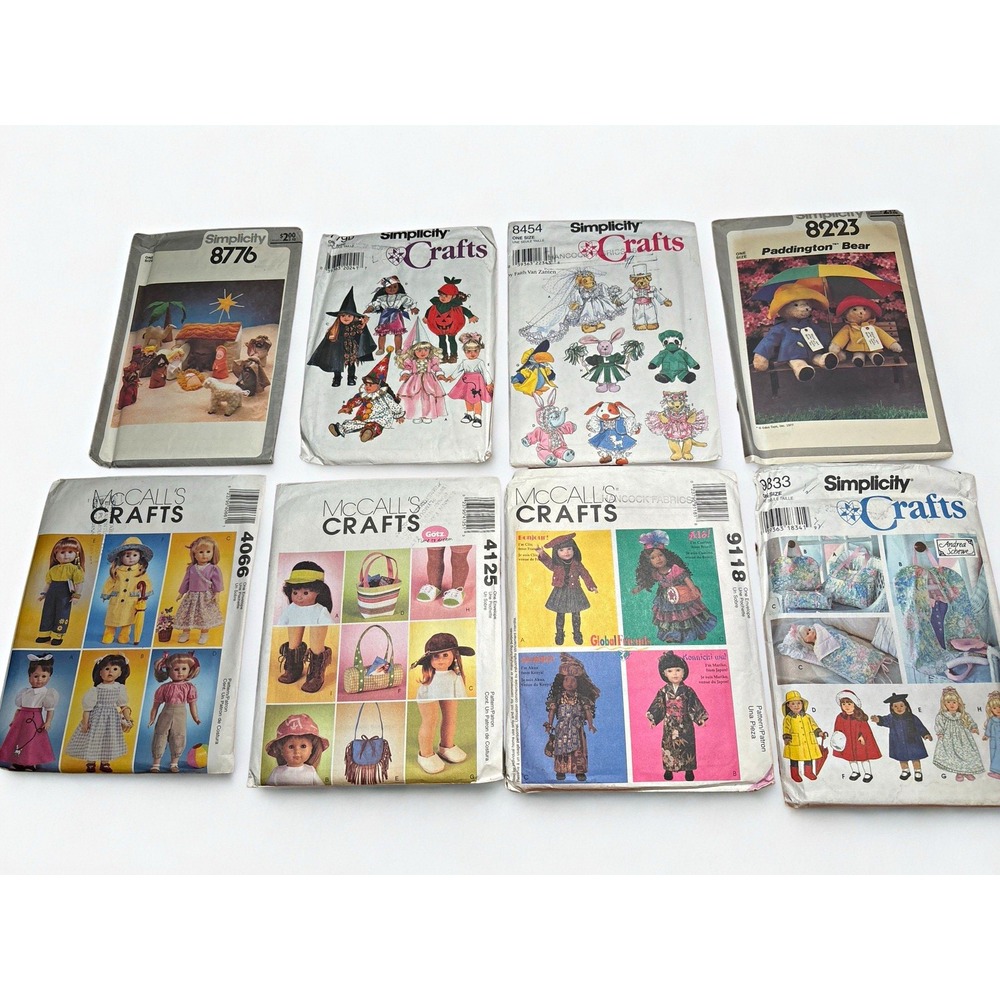 Multi-Pack 8 Vintage & Retro Craft Patterns Doll Clothes, Accessories & Holiday